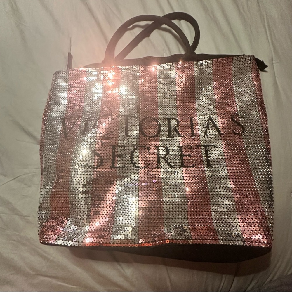 Victorias Secret Pink Silver Sequin‎ Stripe Tote Bag Large Canvas Zipper Travel